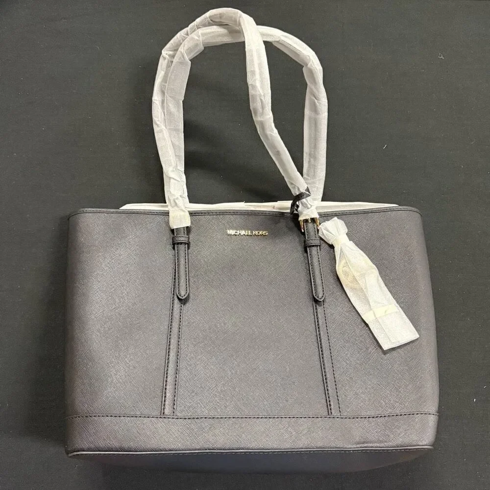 New Michael Kors Black Jet Set Travel Large Saffiano Leather Tote Bag
